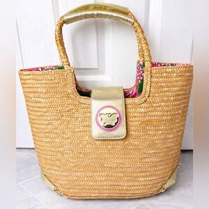 Lilly Pulitzer Straw Tote Bag Butterfly Clasp Pink Green Floral Lining NWOT